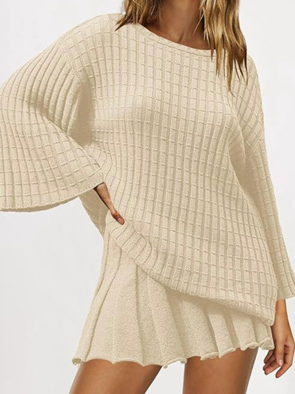 Womens Fall Winter Loose 3D Plaid Bell Sleeve Pullover Sweater